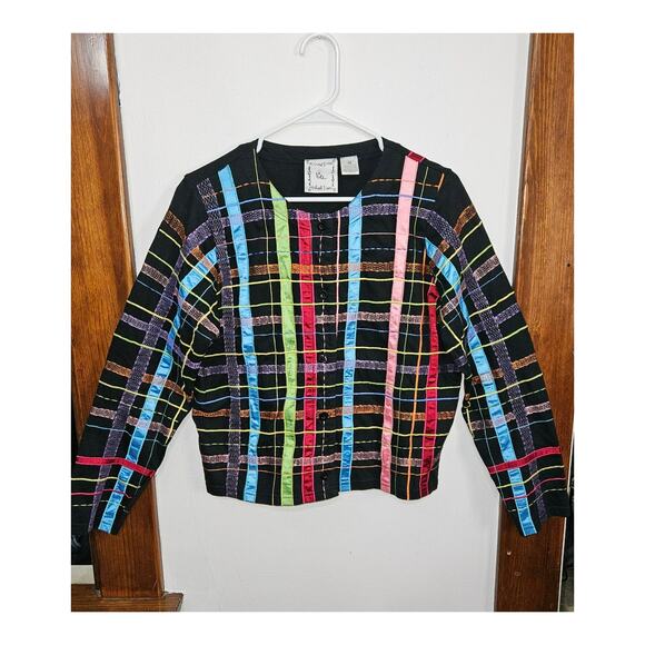 VTG 90s Michael Simon Lite Womens Cardigan Ribbon Plaid Sz Medium 100% Cotton - Picture 8 of 12
